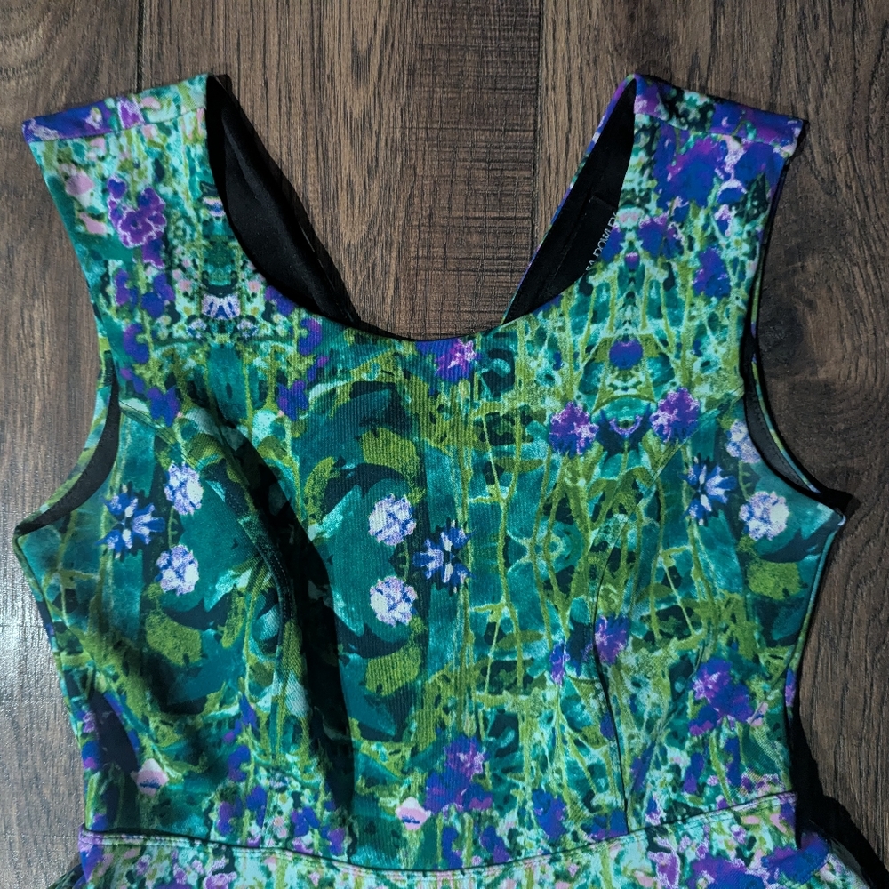 Cynthia Rowley Bright Green w/ Purple Accent Floral Print Fit & Flare Dress Sz 8 - Picture 3 of 16